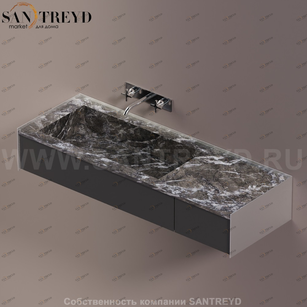 Agape DR Раковина столешница 140 см, с 2-мя выдвижными ящиками. Отделка: хромированный сатин, серый мрамор и черная кожа ADRP14SSPGCNE