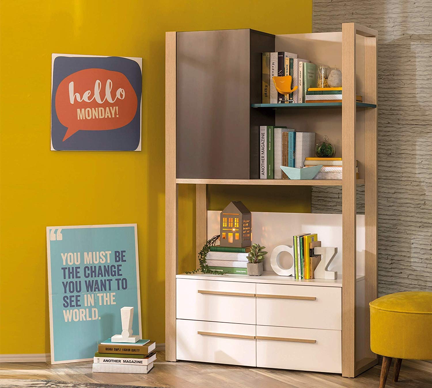 Стеллаж с 2 ящиками и дверцей светлый дуб Lofter CILEK LOFTER 00-3832193 Бежевый Santreyd  - Вид №2