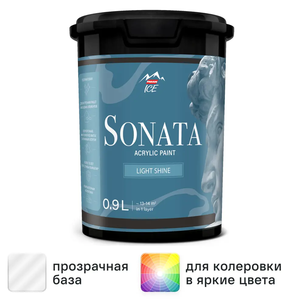 Краска для стен и потолков Parade Sonata Light Shine моющаяся полуматовая прозрачная база С 0.9 л STLM-2110235