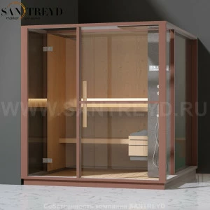 Effegibi LOGICA S LO20030005 Сауна. Установка: в левый угол. Правая дверь. Мощность: 6 кВт макс. Размеры: длина 214 см, ширина 250 см. Отделка: канадский хемлок, матовый лакированный коричневый аллюминий и темный ламинат из керамогранита.