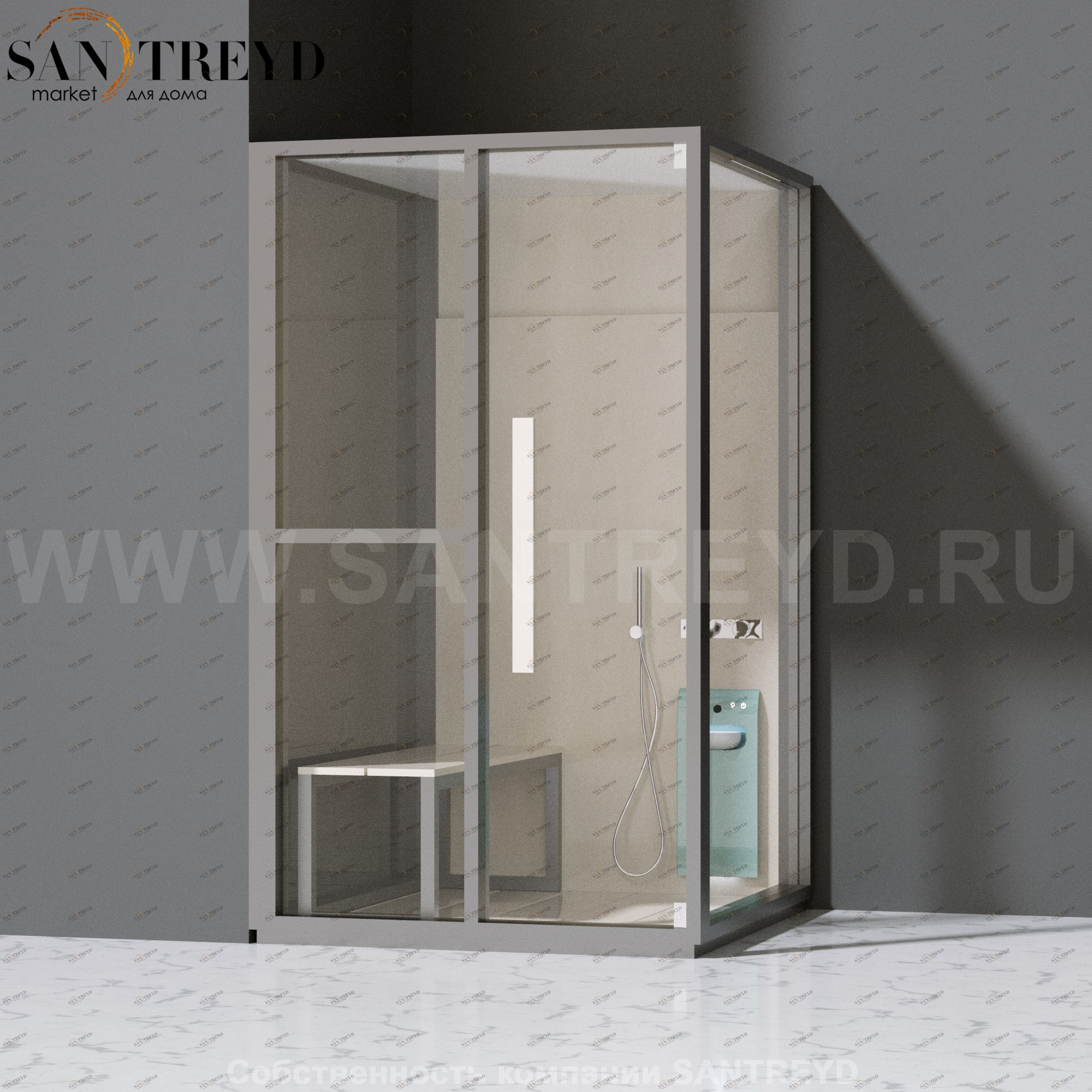 Effegibi H SMALL LO82010004 Комбинированная баня: хаммам и душ. Установка: в левый угол. Левая дверь. Мощность: 3 кВт макс. Размеры: длина 131 см, ширина 92 см. Отделка: матовый лакированный серый аллюминий и бежевый ламинат из керамогранита.