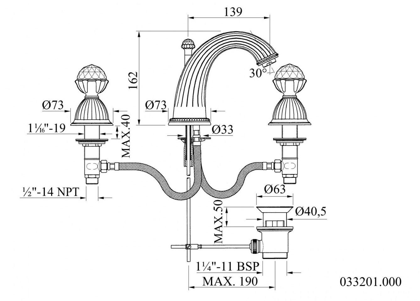 Bronces Mestre Смеситель для умывальника на 3 отверстия с полированными кристаллами Swarovski® Artica 033201.000.52 - Вид №1