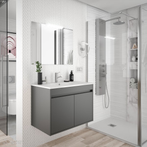 84973 SALGAR Комплект мебели для ванной NOJA 700 2 дв. СЕРЫЙ МАТОВЫЙ + Раковина + Зеркало + Свет Мэтт Грей