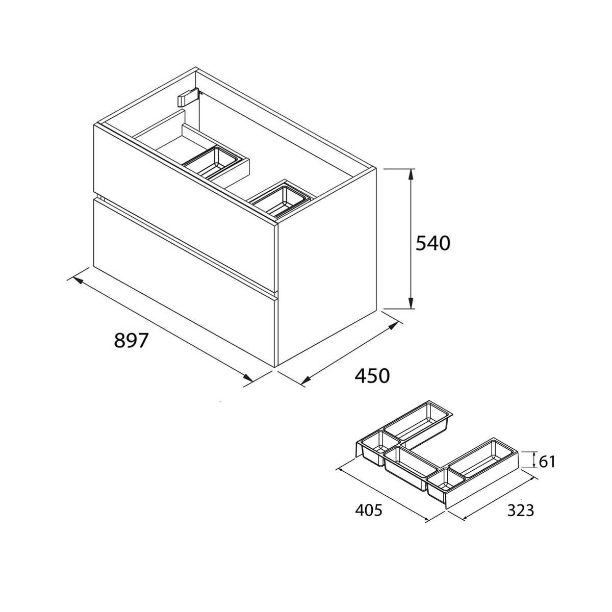 23330 SALGAR Мебель для умывальника FUSSION LINE 900 2 ящика GLOSS GREY 897 x 540 x 450 мм Глянцевый серый - Вид №3