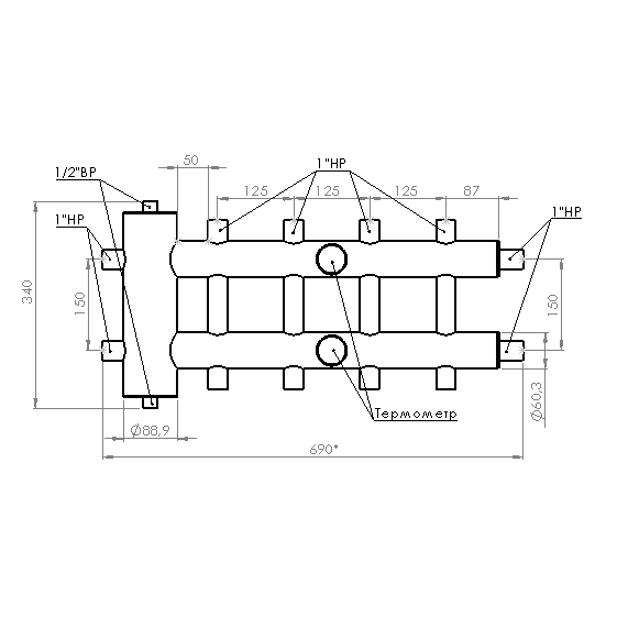 Купить Распределительный коллектор с гидрострелкой 60 кВт, 5 контуров Прокситерм GSK255 - Вид №7