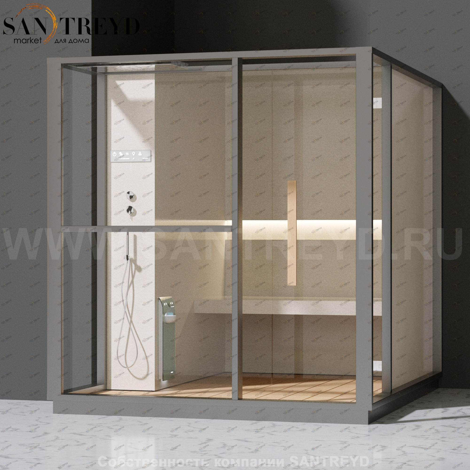 Effegibi LOGICA H LO30010014 Хаммам. Установка: в левый  полуугол. Левая дверь. Мощность: 4,5 кВт макс. Размеры: длина 214 см, ширина 250 см. Отделка: матовый лакированный серый аллюминий и бежевый ламинат из керамогранита.