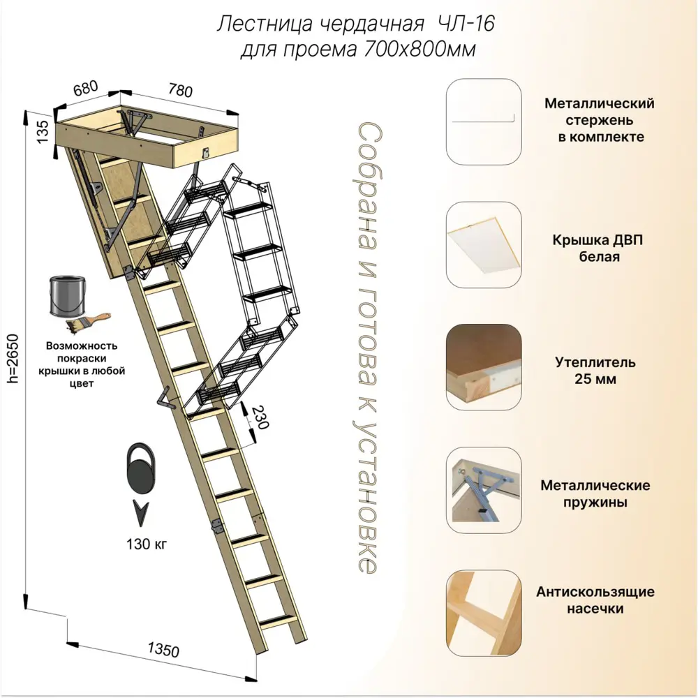 Лестница чердачная складная с секциями ЧЛ-16 70x80x265 см ЛЕСЕНКА STLM-2081358 - Вид №5