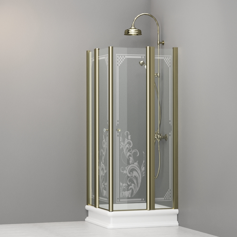 9159N1 Душевая кабинаDX/SX с двумя распашными дверьми и неподвижными элементами для душевого поддона квадрат 80x80, цвет Золотистый Kerasan RETRO Италия 