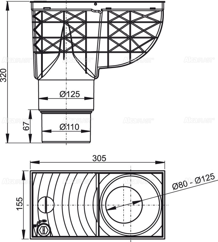 Ливнеотвод 300×155/125/110 мм, сток – прямой, черный ALCAPLAST AGV4 - Вид №1