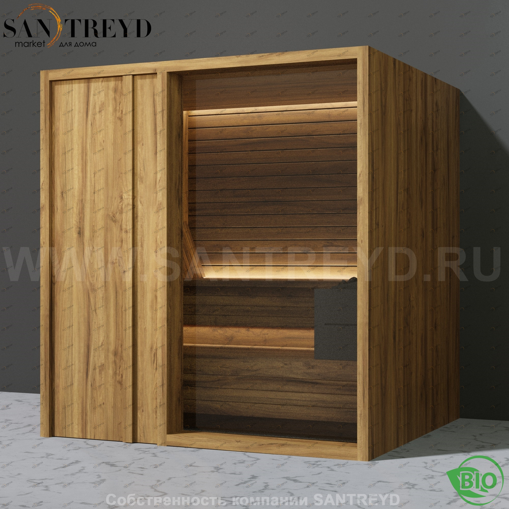 Effegibi YOKU.D80 BI.70200012 Био-сауна с левой дверью. Мощность: 9 кВт макс. Размеры: длина 202 см, ширина 180 см. Отделка: термообработанное дерево BI70200012