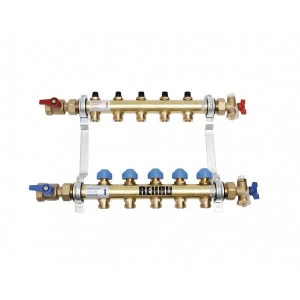 Коллекторная группа из нержавеющей стали с регулир. и термостатическими вентилями и расходомерами REHAU 1"x3/4"ЕК 3 выхода