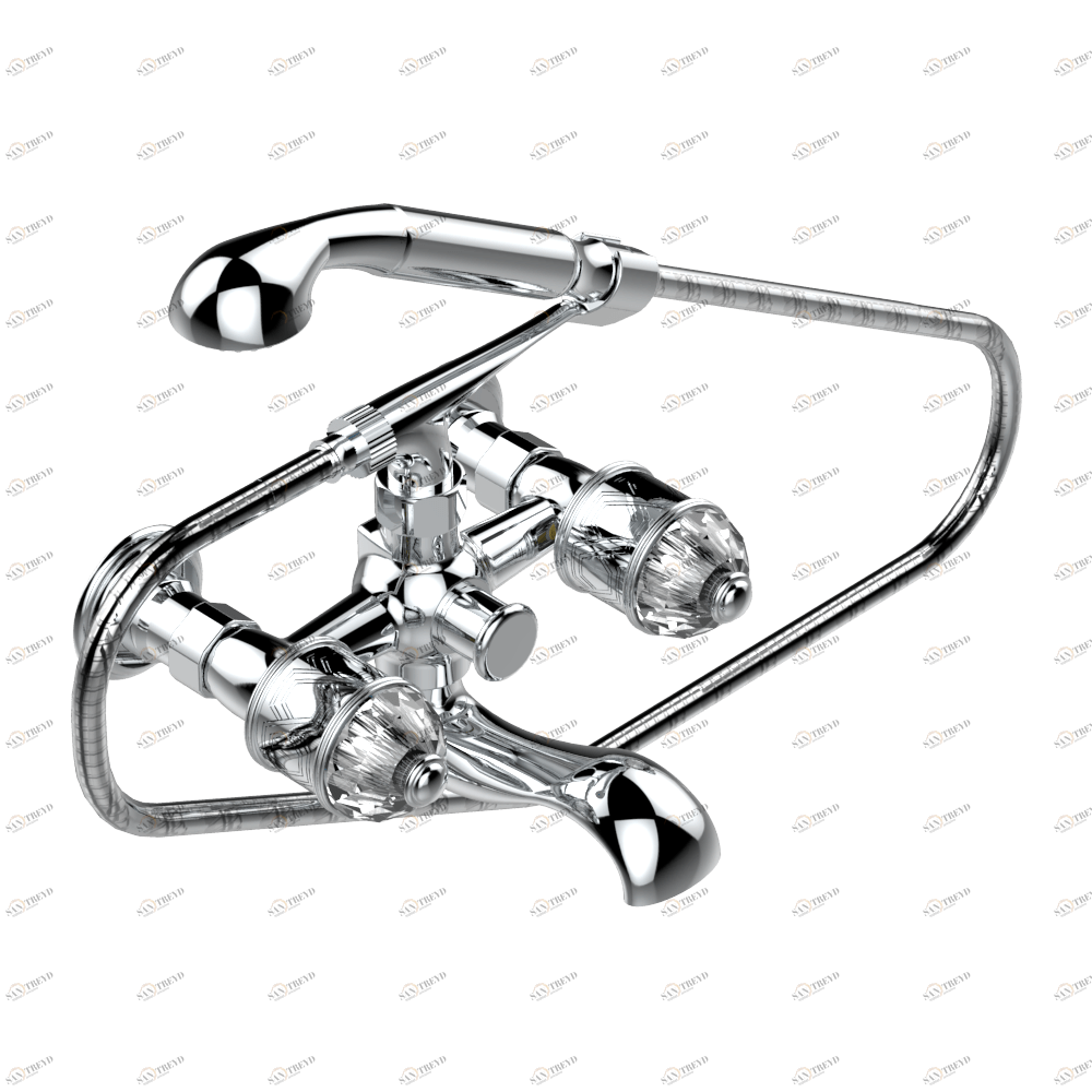 U4F-13B Смеситель для ванны настенный на 2 отверстия с ручным душем и шлангом - 150 мм между центрами Thg-paris Duomo с хрусталём Хромированный U4F 13B  A02 CAT.A