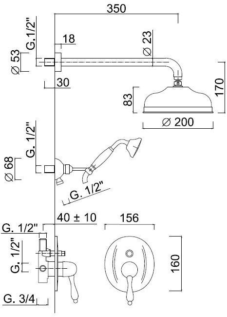 Rubinetteria Giulini Душевой набор, однорычажный, с переключателем Classic revolution - praga F7511kbce - Вид №1