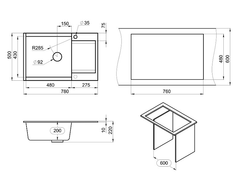 ES-7807, АЛЮМИНИУМ, кухонная мойка, кварц, ESTETICA GRANULA 7807-ST260 - Вид №4