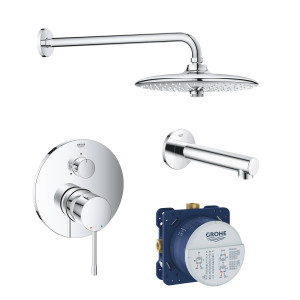 Набор для ванны: смеситель GROHE Essence, верхний душ, ручной душ, круглая розетка, излив, хром (119697)