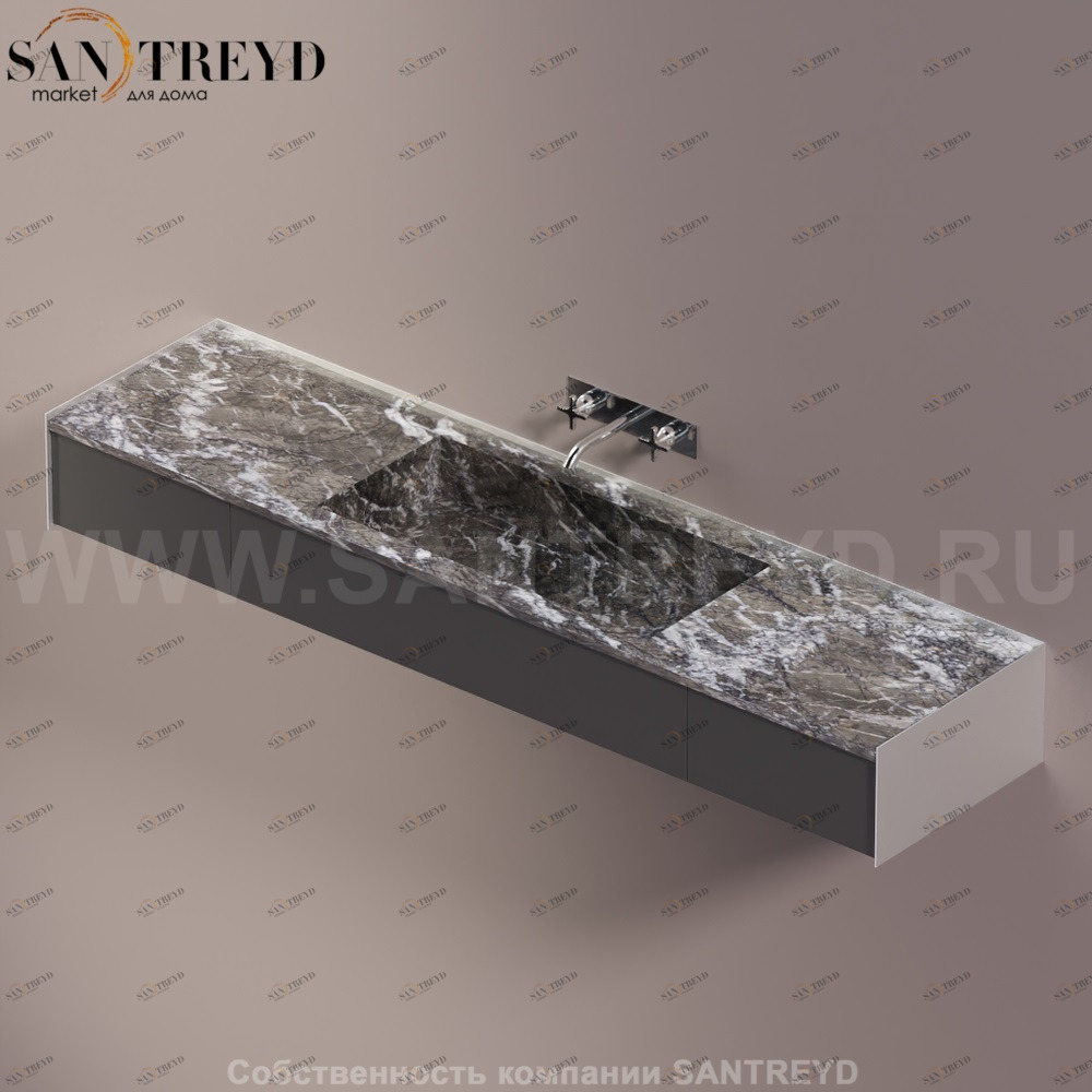 Agape DR Раковина столешница 200 см, с 2-мя выдвижными ящиками. Отделка: хромированный сатин, серый мрамор и черная кожа ADRP20CSPGCNE