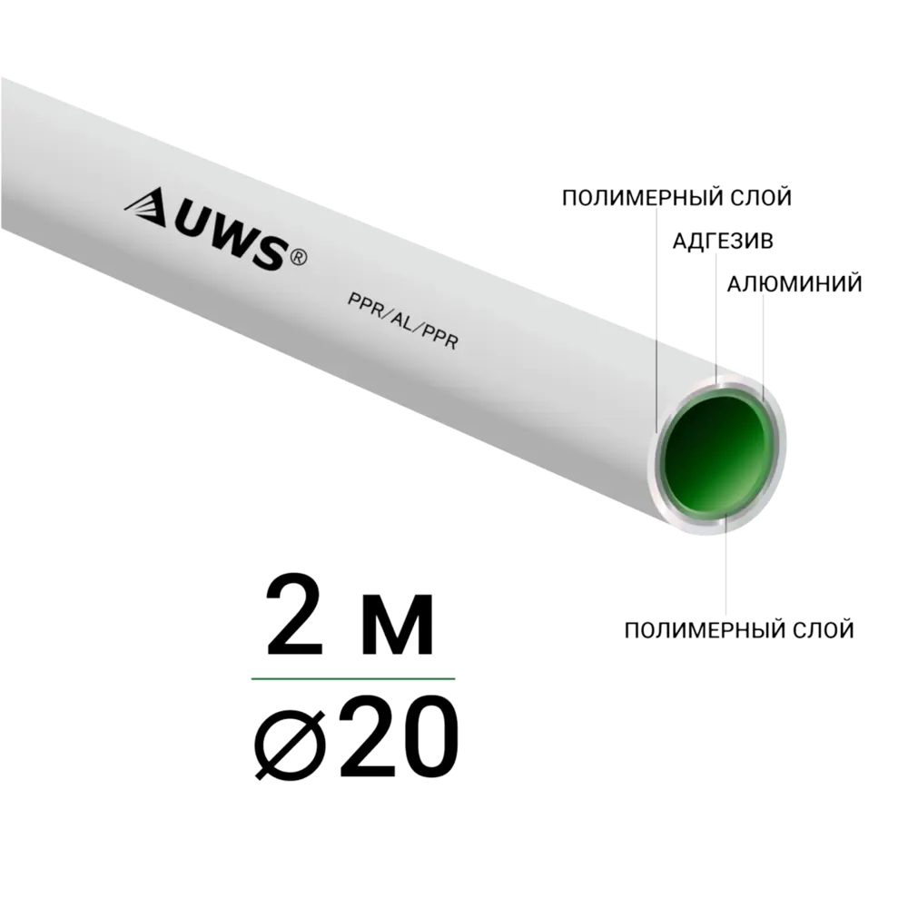 Труба полипропиленовая UWS армированная алюминием 20x2.0 мм SDR25 PN10 2 м STLM-2108625