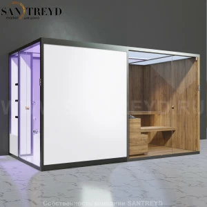 Effegibi BODYLOVE SH BL45250003 Боковая комбинированная баня: хаммам и сауна. Установка: к стене. Мощность: 15 кВт макс. Размеры: длина 393 см, ширина 176 см. Отделка: термообработанная древесина без отделки.