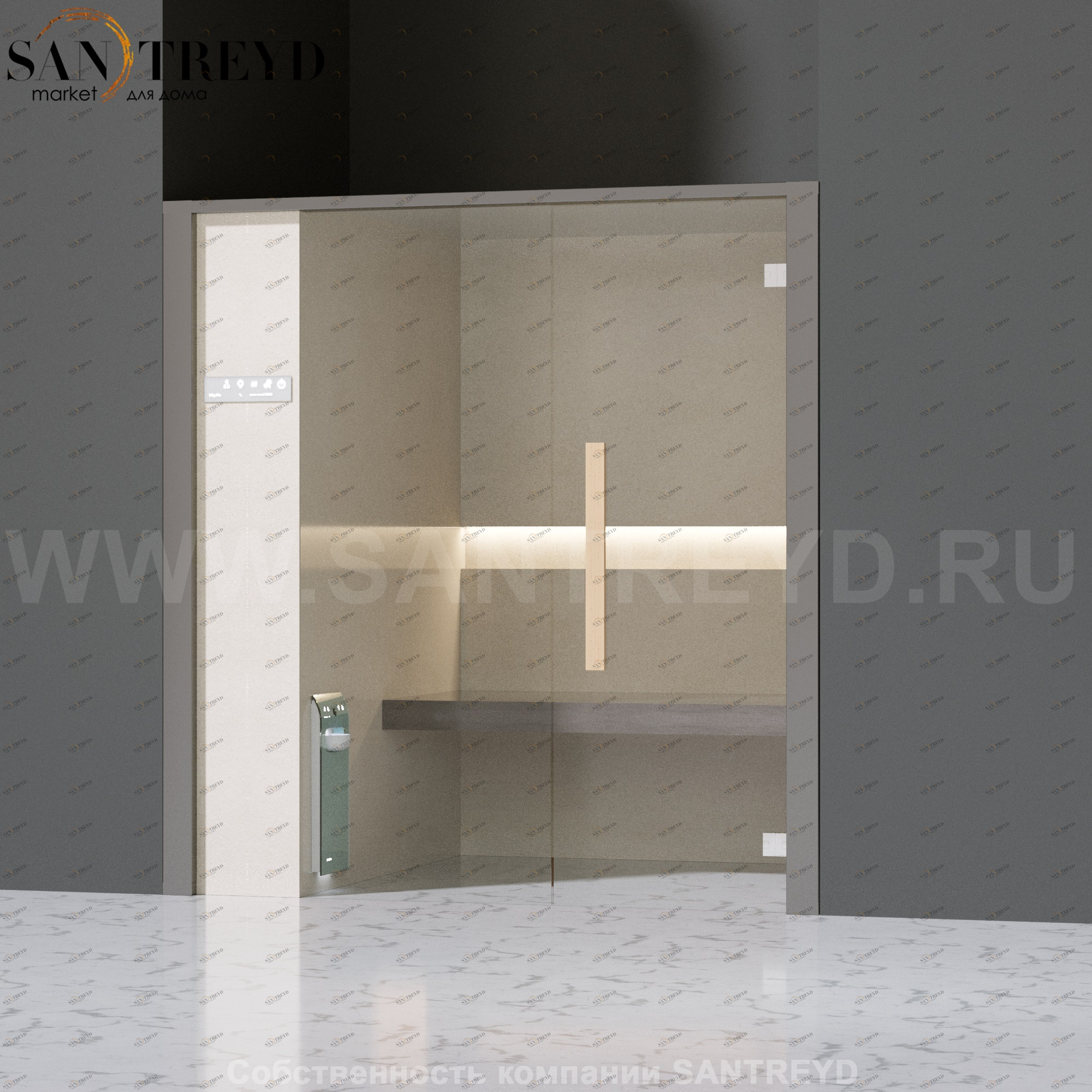 Effegibi ONEFILO H LO61010010 Хаммам. Установка: в нишу. Левая дверь. Мощность: 4,5 кВт макс. Размеры: длина 214 см, ширина 171 см. Отделка: матовый лакированный серый аллюминий и бежевый ламинат из керамогранита.