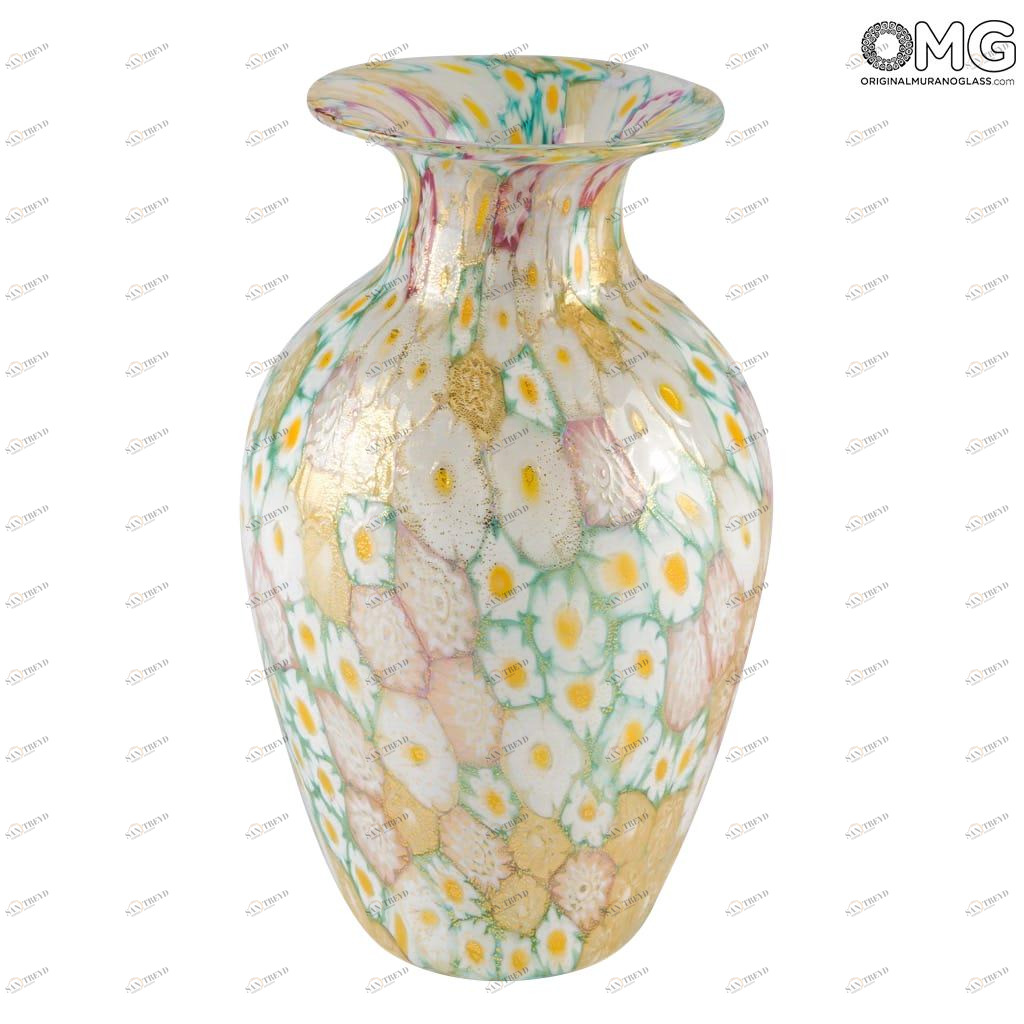 2445 ORIGINALMURANOGLASS Ваза миллефиори бело-жёлтая из муранского стекла - Original Murano Glass OMG 11 см 