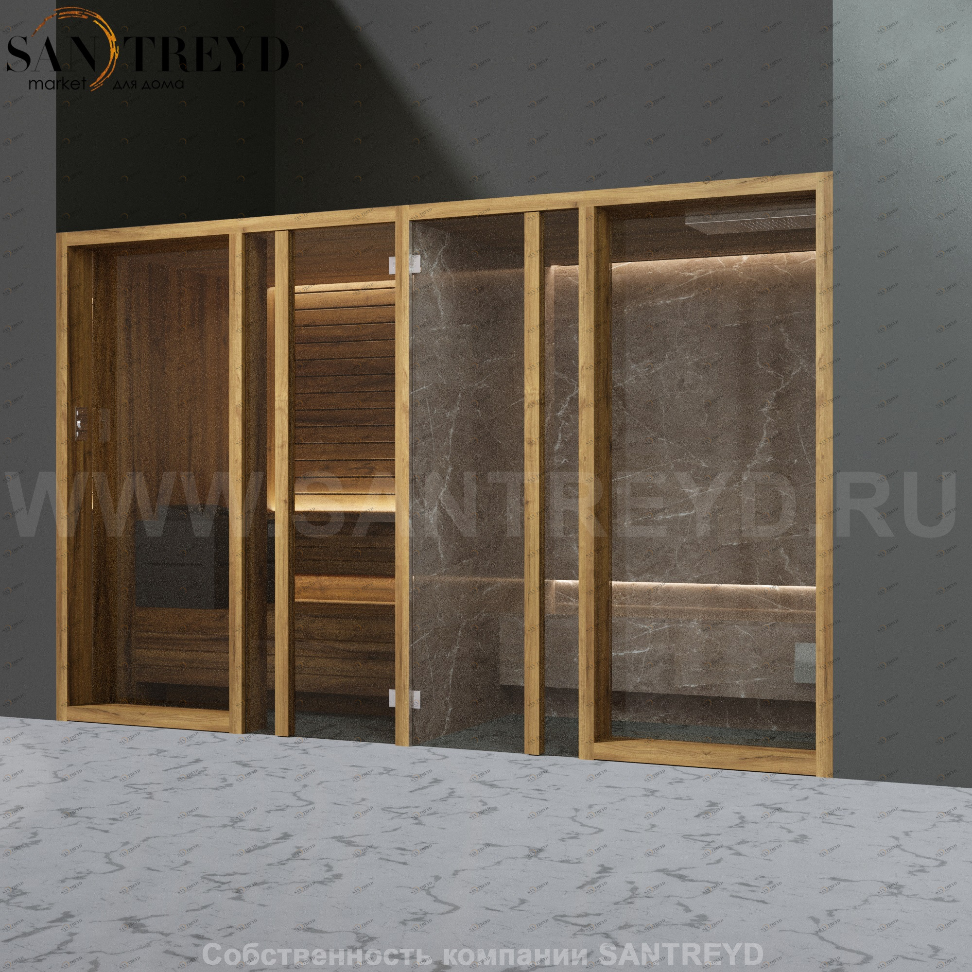 Effegibi YOKU.G SH YO.30220001 Комбинированная баня: хаммам и сауна. Установка: в нишу. Мощность: 10,5 кВт макс.Размеры: длина 342 см, ширина 170 см.  Отделка: термообработанное дерево и темный керамогранит YO30220001