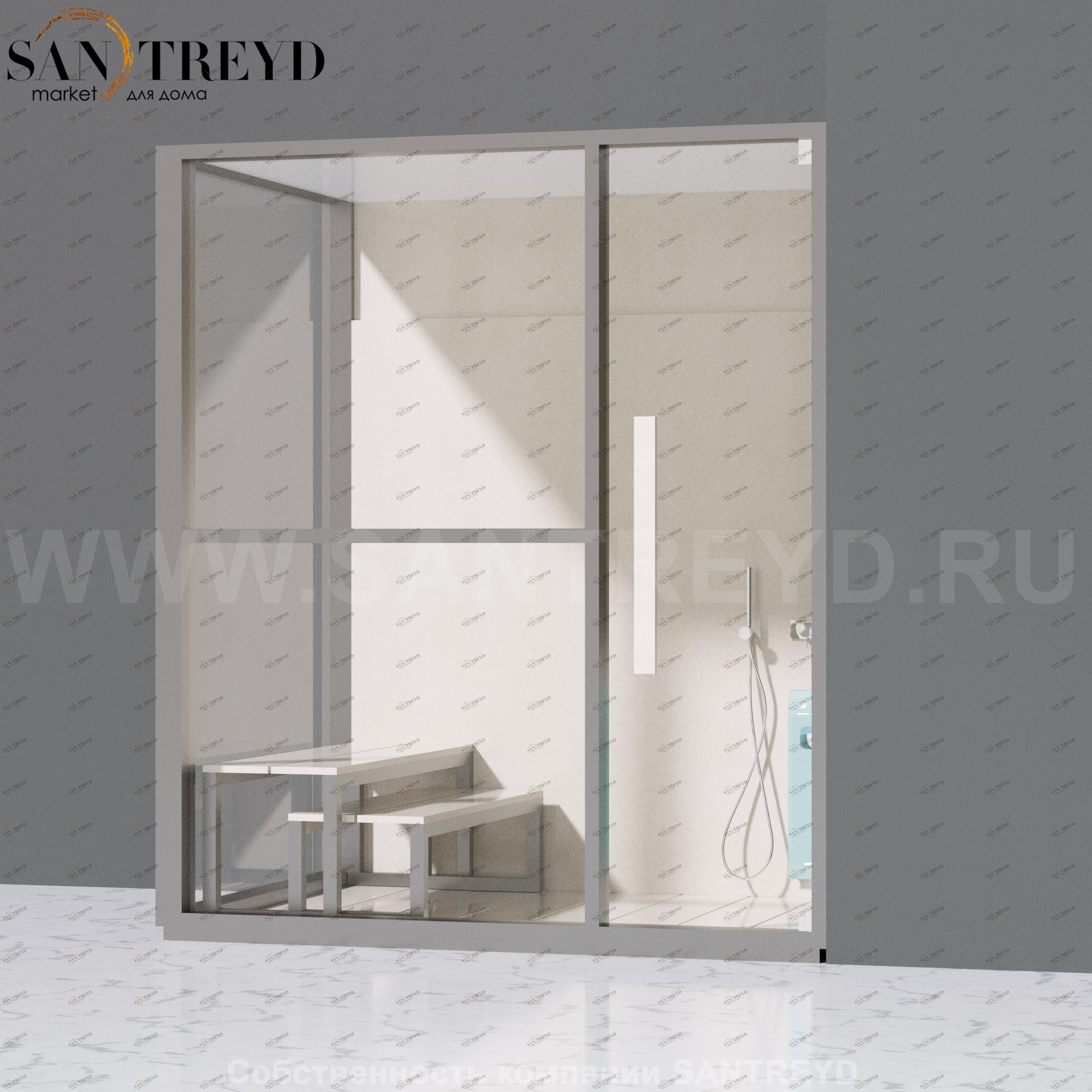 Effegibi H LARGE LO80010006 Комбинированная баня: хаммам и душ. Установка: в правый угол. Левая дверь. Мощность: 4,5 кВт макс. Размеры: длина 173 см, ширина 102 см. Отделка: матовый лакированный серый аллюминий и бежевый ламинат из керамогранита.