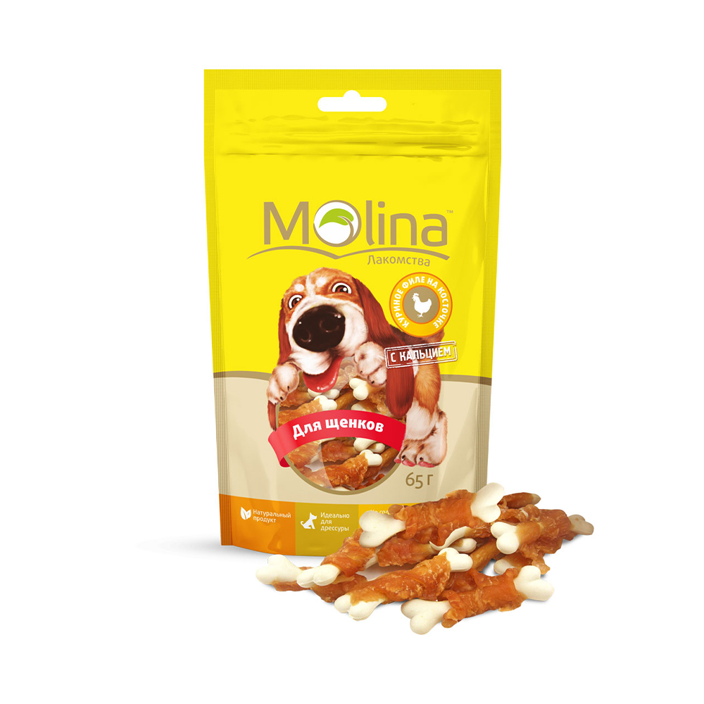 ПР0058728 Лакомство для щенков Куриное филе на косточке 65г Molina 