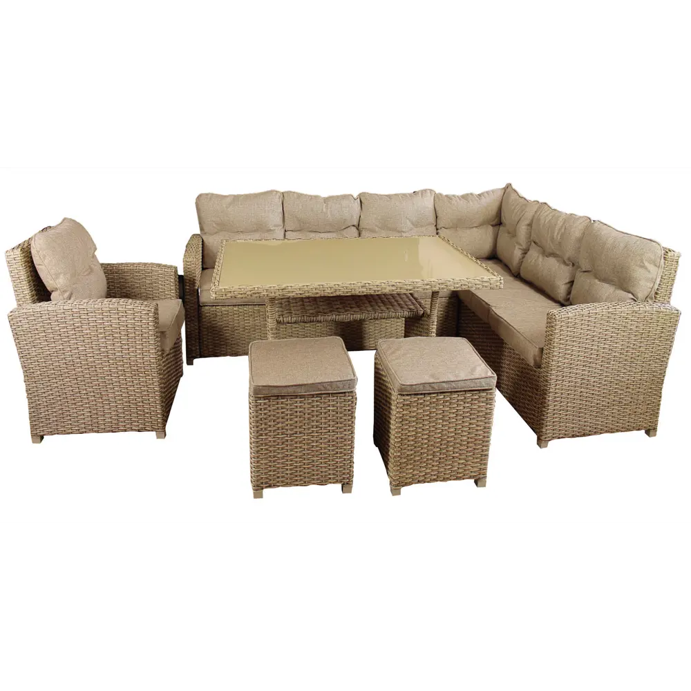 Набор садовой мебели для обеда Корсика искусственный ротанг бежевый: диван, стол, 2 пуфа, кресло GREENGARD STLM-2039411