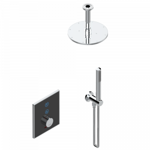 D14-6721N Комплект для душа Electrobox (включающий круглую лейку для душа Ø 200 мм с вертикальным держателем, ручной душ и смеситель с черной панелью, встраиваемый корпус и трансформатор) Thg-paris Electrobox Хром