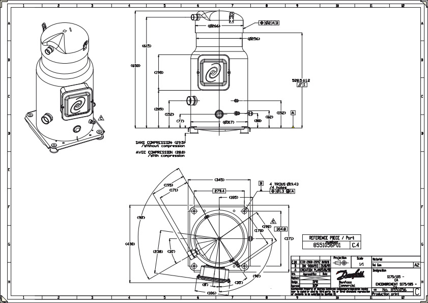 Danfoss SY — Герметичные спиральные компрессоры, R22, R134a, R407C SY240A4PBM Компрессор спиральный SY240A4PBM  - Вид №3