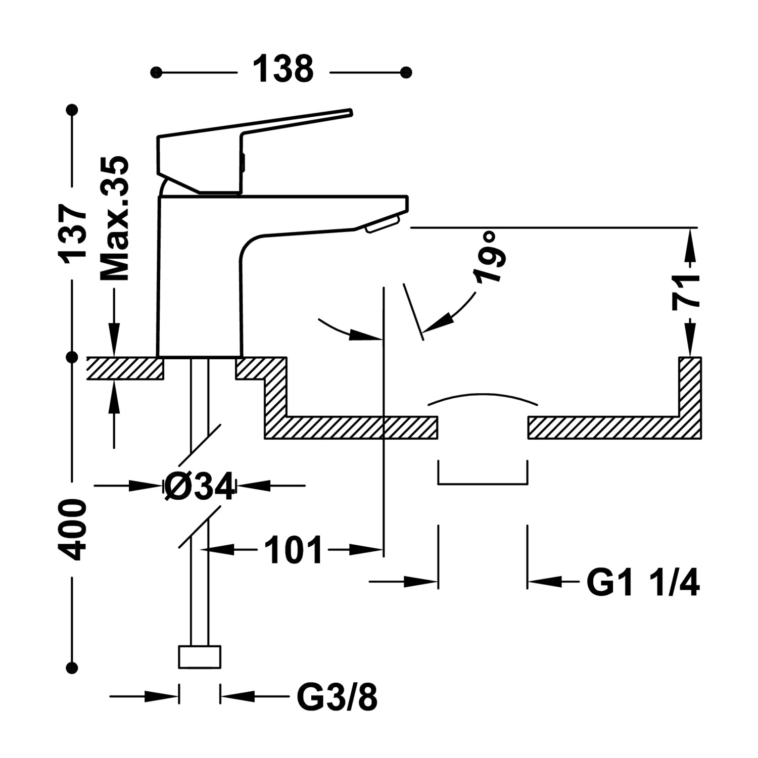 Базовый смеситель для раковины с одной ручкой и сливным клапаном Click-clack-21510303D TRES Base - Вид №1