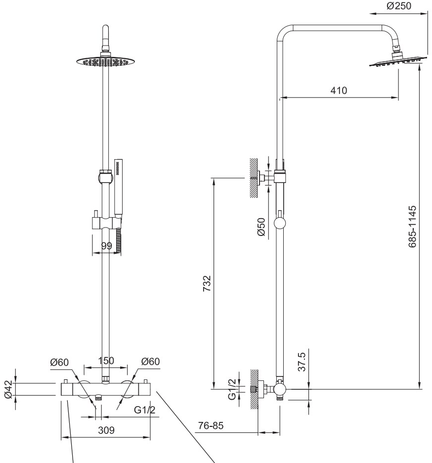 JEE-O Настенная термостатическая душевая стойка из нержавеющей стали с переключателем Slimline 800-6610/3/4 - Вид №3