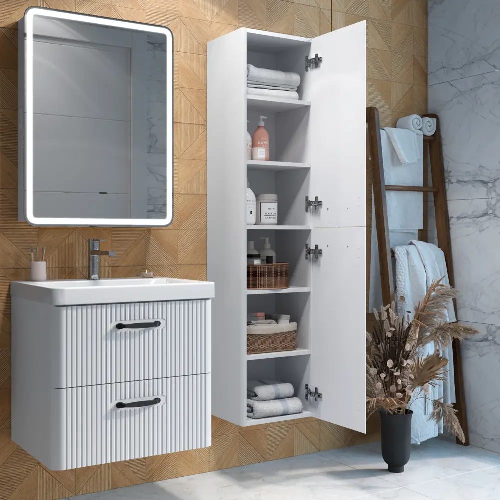 Шкаф-пенал для ванной комнаты Ноэль подвесной 160x36 см цвет белый софт матовый Santreyd STLM-2144871 - Вид №4