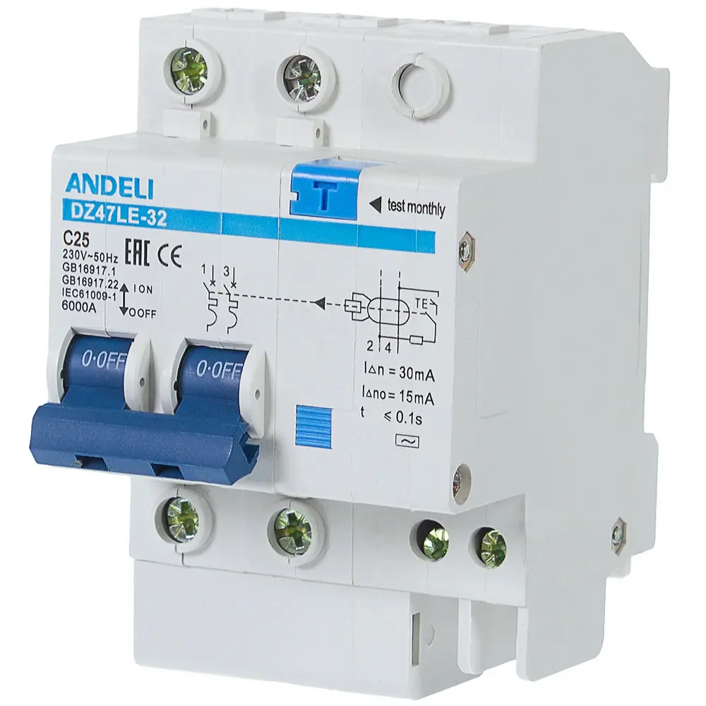 Автомат дифференциальный Andeli DZ47LE-32, 2 полюса, 25 А, 30 мА, тип AC 18763428 STLM-2151888 Santreyd 