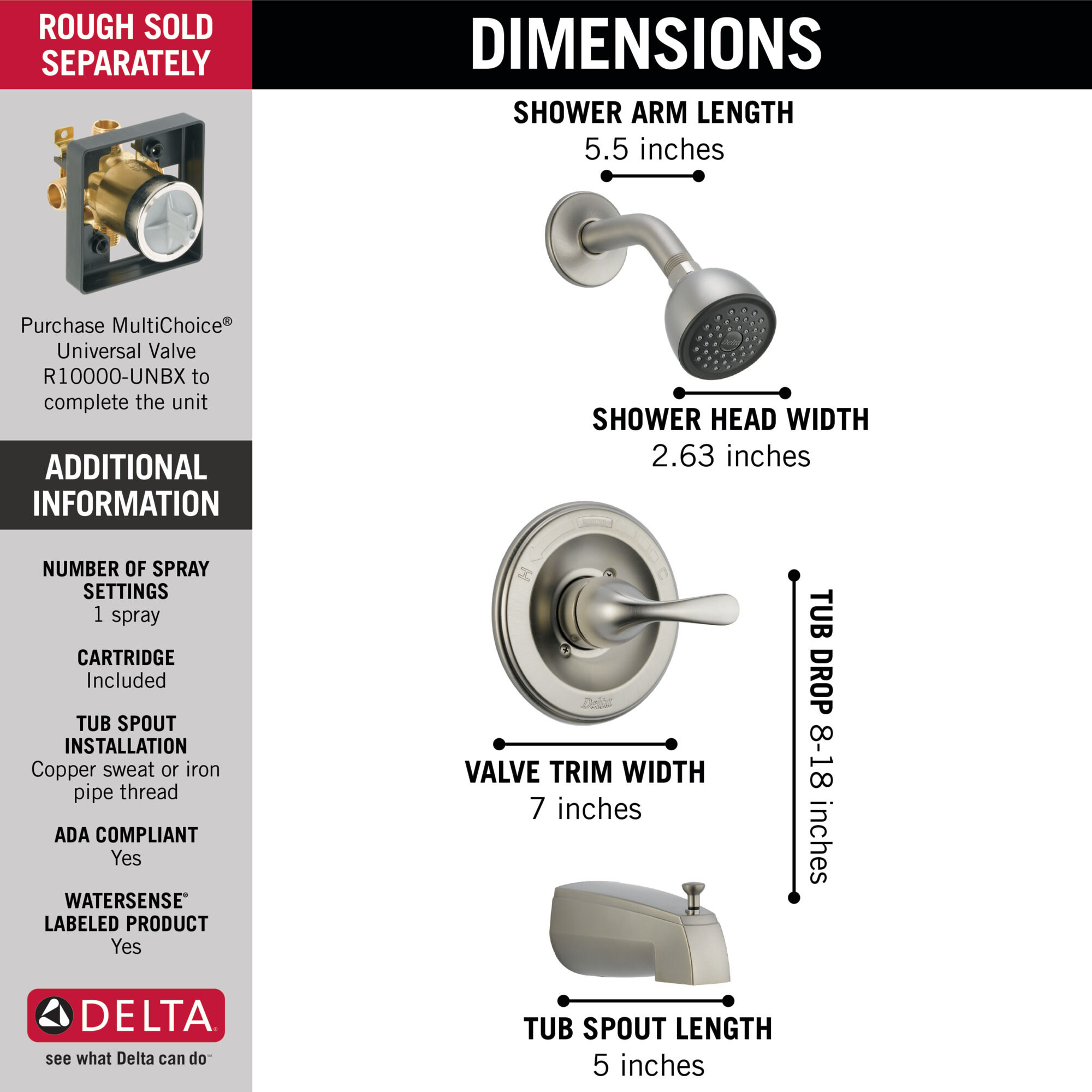 T13420-SS Панель Monitor® 13 Series для ванны и душа Delta Faucet Classic Нержавеющая сталь - Вид №2