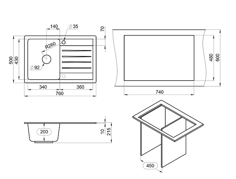 7602, БАЗАЛЬТ, кухонная мойка, СтандАРТ кварц GRANULA Standart 7602-ST69 - Вид №2