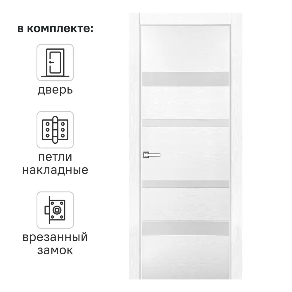 Дверь межкомнатная глухая Бостон 80x200 см ПВХ белый с замком и петлями ПРИНЦИП STLM-2008997