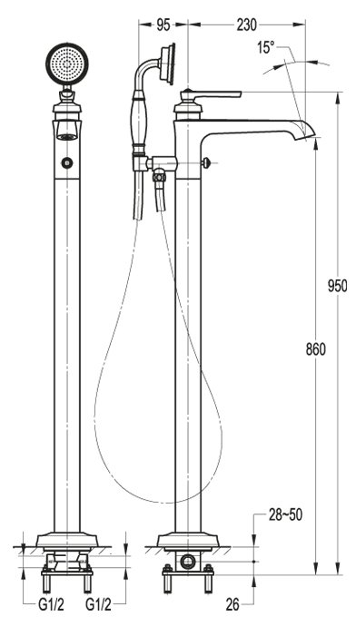 Напольный смеситель для ванны с ручным душем CEZARES LIBERTY-F-VDP-01 - Вид №1