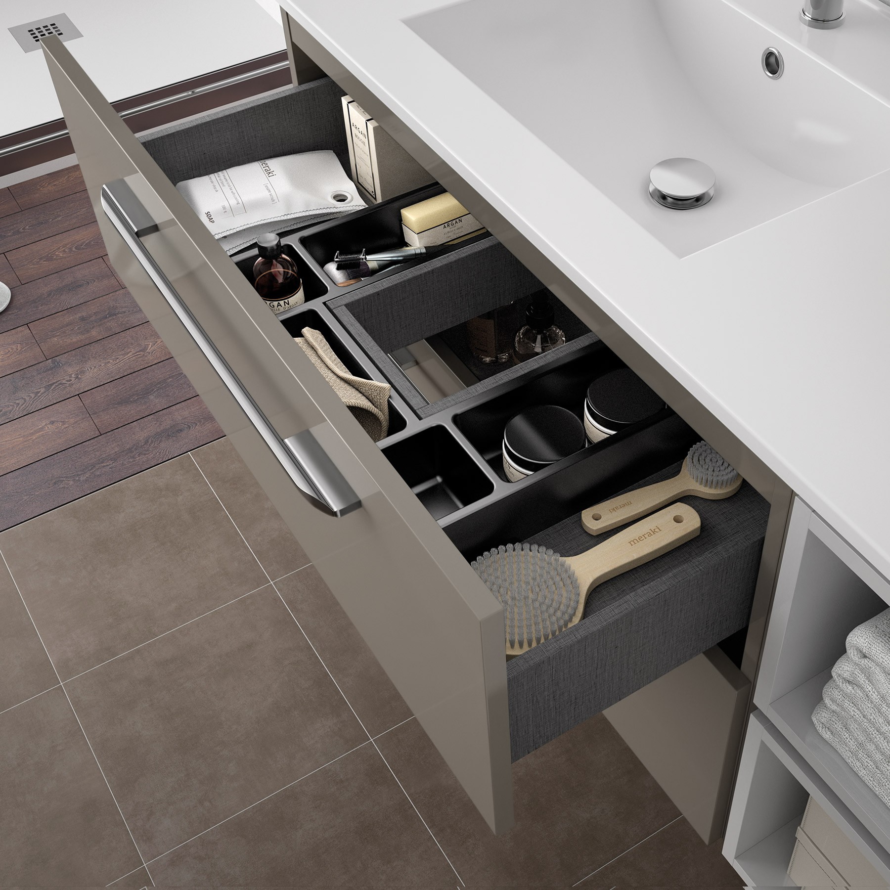 23292 SALGAR Мебель для умывальника FUSSION CHROME 700 2 ящика GLOSS TAUPE 697 x 540 x 450 мм Глянцево-серо-коричневый - Вид №4