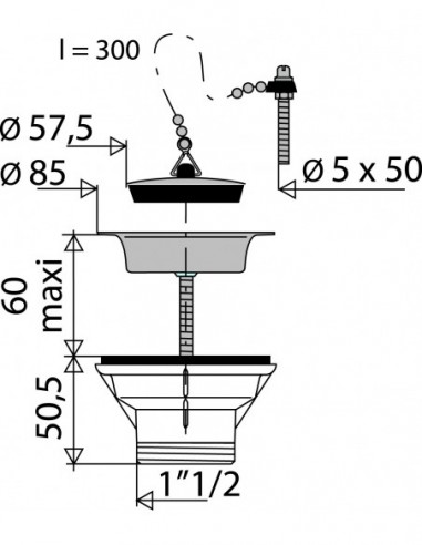 701500 000 00  Сифон для раковины Д. 60 мм с цепным ограничителем, зажим для крепления, затяжка 5/60 мм, NF, нержавеющая сталь Valentin Сталь  - Вид №2