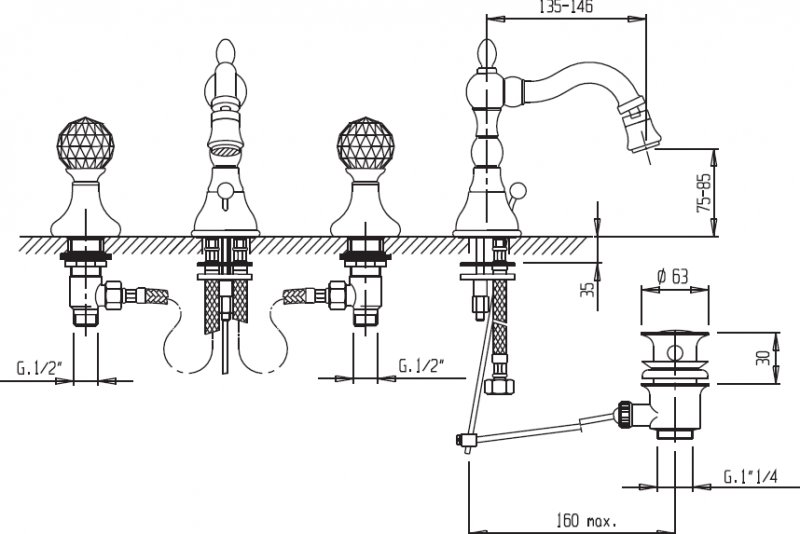 Смеситель для биде на три отверстия Cezares ATLANTIS-BBS2-01-Sw/M - Вид №1