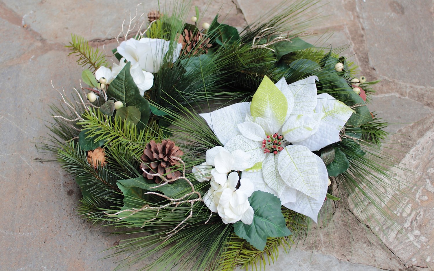 1455 778 a3 Искусственный венок 'пуансеттия / роза / гортензия / ель', Ø 50 см, бежево-белый H-andreas  - Вид №3