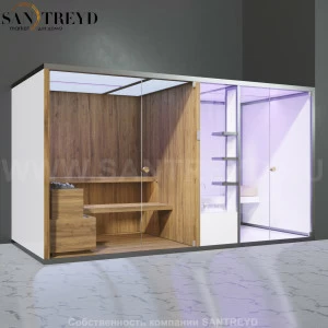 Effegibi BODYLOVE SH BL40250002 Фронтальная комбинированная баня: хаммам и сауна. Установка: в правый угол. Мощность: 15 кВт макс. Размеры: длина 393 см, ширина 176 см. Отделка: термообработанная древесина без отделки.