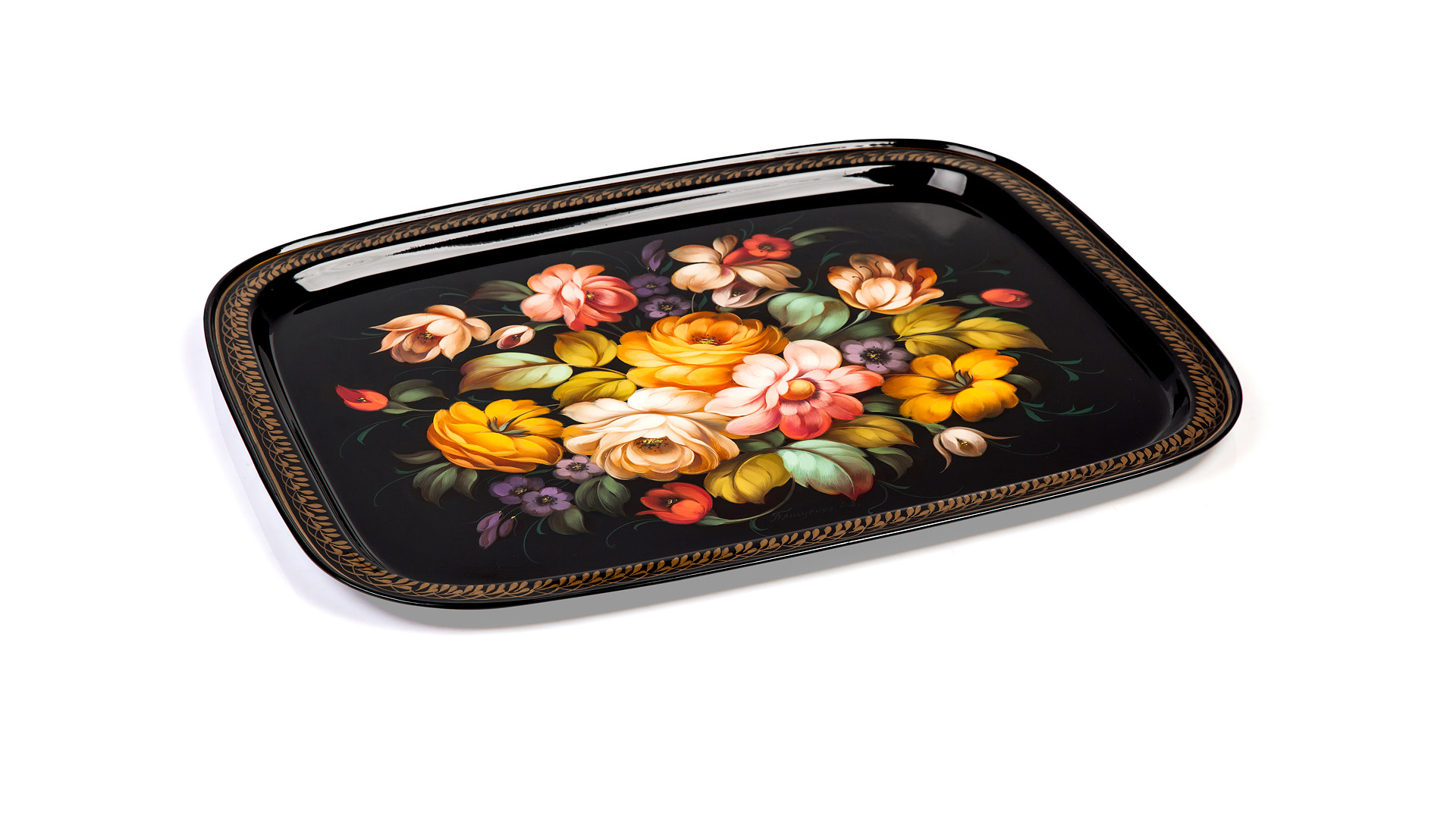 10618049 Жостовская фабрика декоративной росписи Поднос 45х35см НХПР "Городские цветы" Сталь  - Вид №1