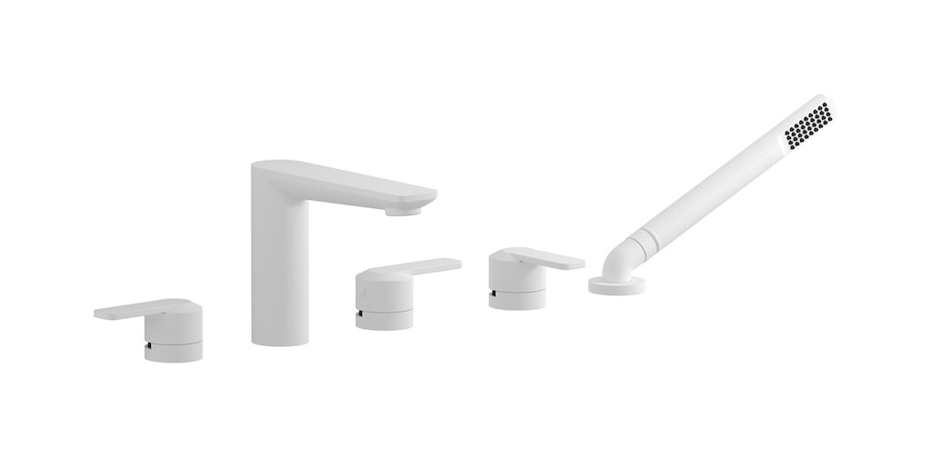 Смеситель на бортик ванной на 5 отверстий с дивертером и душевым гарнитуром. WE ARE IB c6396bo Matt White C-67