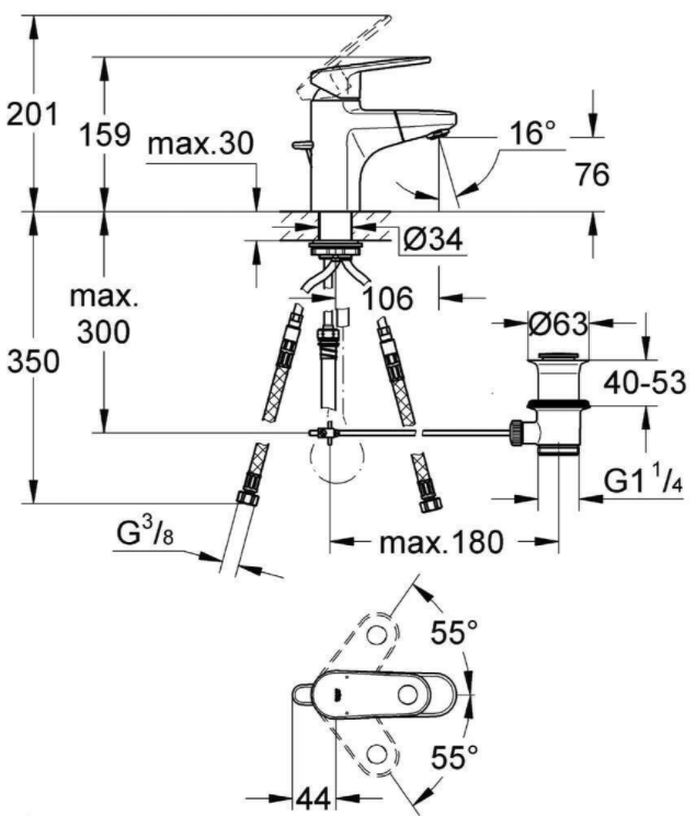Смеситель для раковины GROHE Europlus с донным клапаном и выдвижным изливом, хром (33155002) - Вид №3