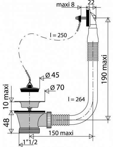 355100 000 00  Цепной стопор и перелив для мойки Д. 50 мм, чаша из нержавеющей стали Д. 70 мм, корпус из латуни Valentin Сталь  - Вид №2