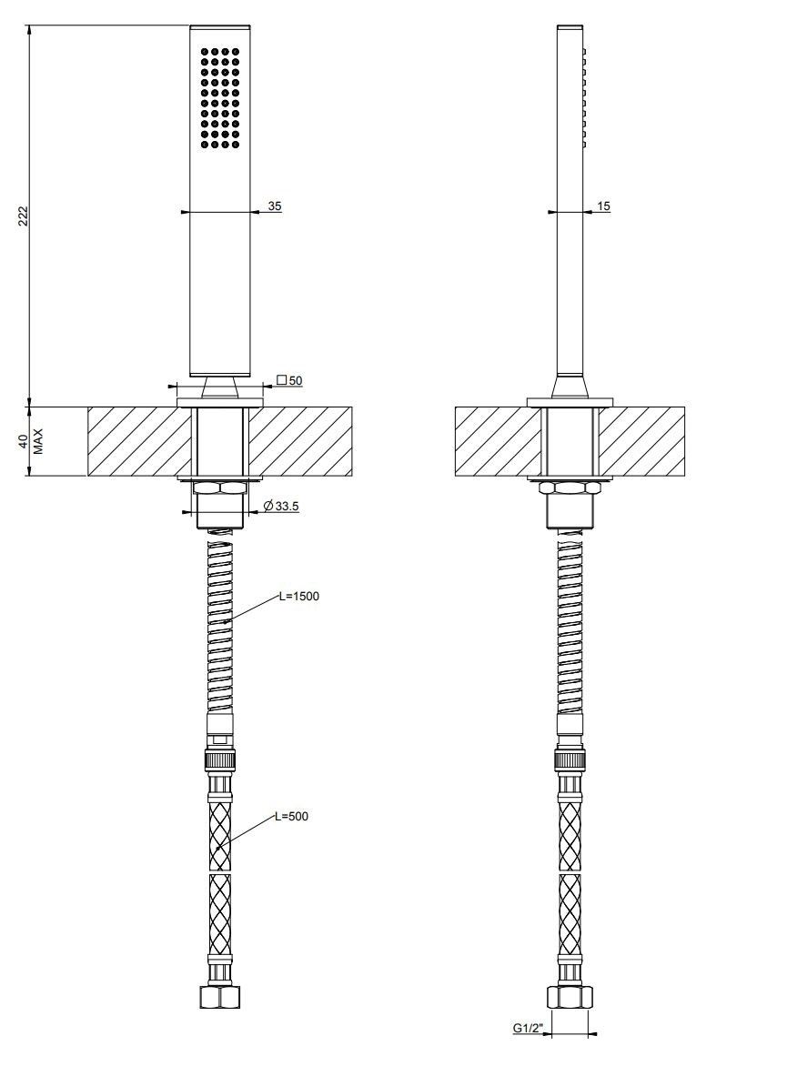 Хромированный латунный ручной душ с шлангом для ванны Gessi прямоугольник ARCH-00027656 - Вид №2