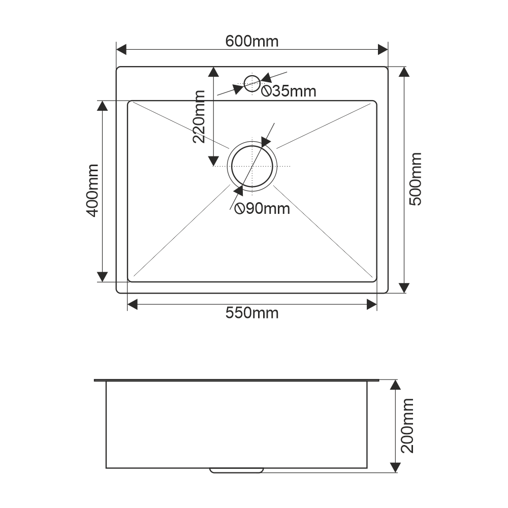 Мойка R6050HK MELANA ProfLine 3,0/200 САТИН врезная прямоугольная в комплекте с коландером MLN-R6050HK+коландер - Вид №1