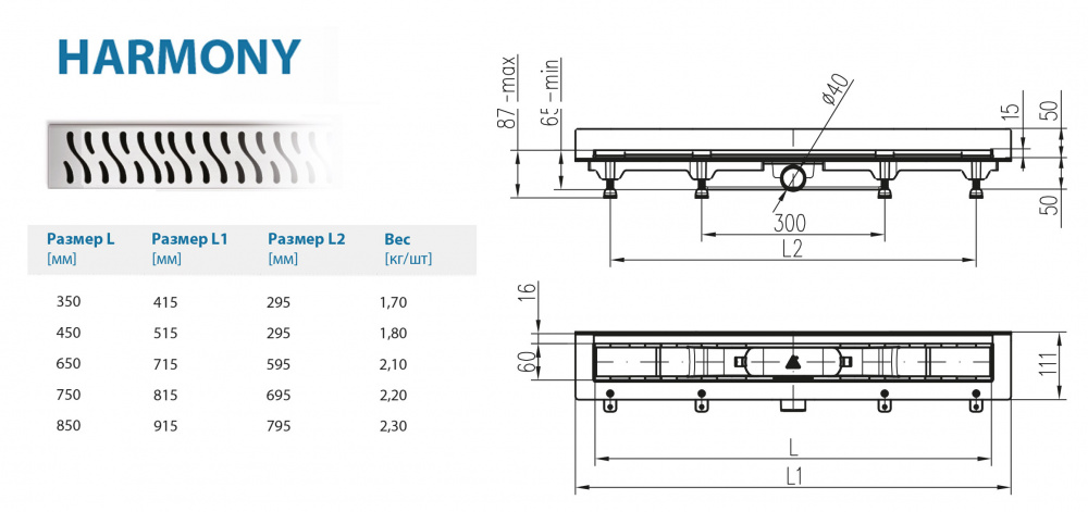 Водоотводящий желоб ALPEN Harmony ALP-450HN2 к стене с рамкой  - Вид №1